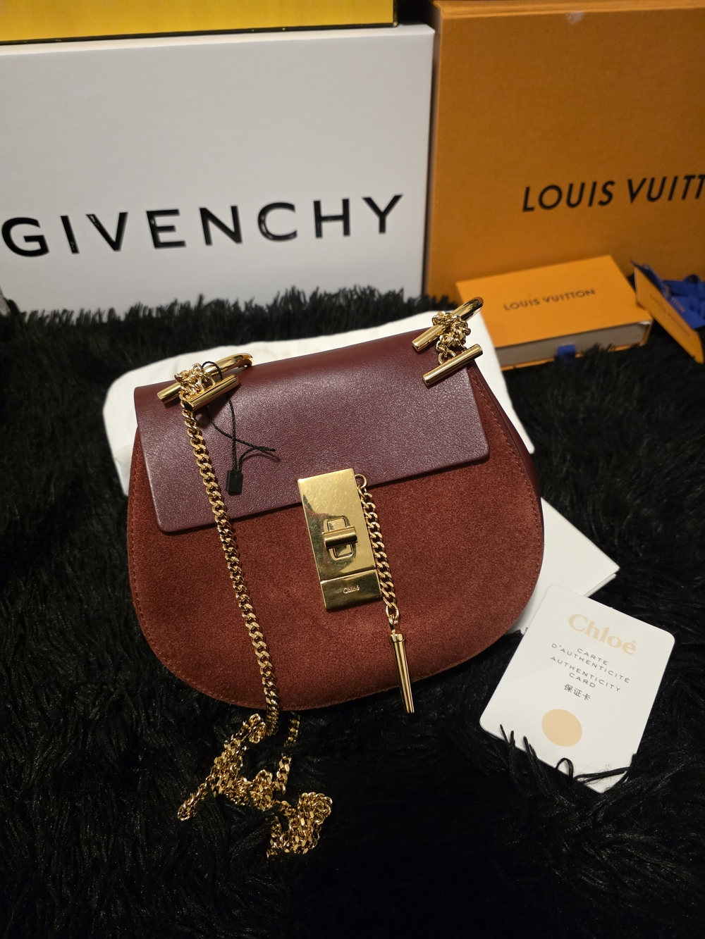 Authentic Chloè Maroon Suede and Leather Small Saddle Bag with Gold Hardware